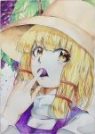  1girl 283win acrylic_paint_(medium) blonde_hair brown_headwear commentary_request food food_in_mouth fruit grapes looking_at_viewer medium_hair moriya_suwako painting_(medium) photo_(medium) shikishi sidelocks solo touhou traditional_media turtleneck upper_body yellow_eyes 