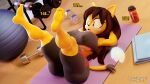  3d_(artwork) absurd_res anthro barefoot beverage big_breasts big_butt black_hair blender_(software) breasts butt clothing counting curvy_figure digital_media_(artwork) domestic_cat dumbbell exercise exercise_ball fangs feet felid feline felis female fur hair hands_behind_back hi_res honey_the_cat huge_breasts inside legs_up long_hair lying mammal nipple_outline nipples on_back open_mouth sega solo sonic_the_fighters sonic_the_hedgehog_(series) spread_legs spreading tahlian teeth text thick_thighs towel voluptuous weights wide_hips workout yellow_body yellow_fur yoga_mat 