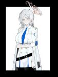  1girl alternate_costume armband belt_buckle blue_archive blue_armband blue_eyes blue_necktie breasts buckle crossover faust_(limbus_company) gloves halo highres jacket jacket_on_shoulders large_breasts limbus_company necktie noroma_u project_moon solo uniform white_gloves white_hair 