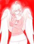  1girl absurdres ahoge animal_hands body_fur bow breasts feathered_wings glasses hair_intakes hair_over_one_eye harpy highres long_hair monster_girl neck_fur open_mouth red_background red_theme simple_background skirt solo tareme tokyo_afterschool_summoners tyou wings ziz_(housamo) 