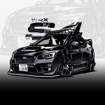  black_car car chibi chris_ilst commission highres license_plate motor_vehicle no_humans original spoiler_(automobile) subaru_wrx vehicle_focus vehicle_name zoom_layer 