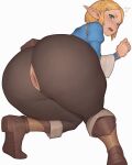  1girl absurdres anus ass asura_(asurauser) blonde_hair blue_eyes blush highres huge_ass long_sleeves looking_at_viewer looking_back pants pointy_ears princess_zelda shoes short_hair simple_background solo the_legend_of_zelda the_legend_of_zelda:_breath_of_the_wild thick_thighs thighs tight_clothes tight_pants white_background wide_hips 