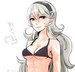  1girl alternate_costume bikini black_bikini corrin_(female)_(fire_emblem) corrin_(fire_emblem) donkuma_kakusei facing_away fire_emblem fire_emblem_fates hair_between_eyes hairband looking_at_viewer smile solo swimsuit upper_body white_hair 