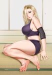  1girl armband artist_name barefoot blonde_hair blue_eyes bra breasts closed_mouth commentary_request easonx feet hair_over_one_eye highres indoors large_breasts long_hair looking_at_viewer midriff mixed-language_commentary naruto naruto_(series) on_ground panties purple_bra purple_panties sitting soles solo tatami toes underwear yamanaka_ino yokozuwari 