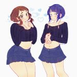  2girls bare_legs belly big_belly blue_skirt blush boku_no_hero_academia breasts brown_eyes brown_hair cleavage collarbone heart highres jirou_kyouka knees large_breasts long_sleeves looking_at_viewer multiple_girls navel purple_eyes purple_hair short_hair simple_background skirt small_breasts twitter_username uraraka_ochako uras2rockga white_background 