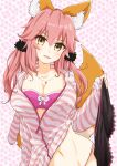  1girl absurdres animal_ear_fluff animal_ears bra breasts casual cleavage collar collarbone fate/extra fate_(series) fox_ears fox_girl fox_tail highres large_breasts looking_at_viewer navel open_clothes open_mouth open_shirt pants pants_removed pink_bra pink_hair solo tail tamamo_(fate) tamamo_no_mae_(fate/extra) underwear yellow_eyes ystrann 