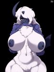 2023 3:4 absol absurd_res anthro areola big_breasts black_background breasts chest_tuft clothed clothing clothing_lift digital_media_(artwork) female generation_3_pokemon hair hair_over_eye hi_res huge_breasts long_hair looking_at_viewer navel nintendo nipples one_eye_obstructed pokemon pokemon_(species) red_eyes simple_background solo sweater sweater_lift taphris topwear tuft white_hair 