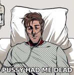  1boy bed brown_hair bug grabbing_another&#039;s_hair highres hospital_bed hospital_gown impact_(font) intravenous_drip lying male_focus marvel mature_male nakariiale on_back parody peter_b_parker short_hair solo spider-man:_across_the_spider-verse spider-man_(series) upper_body 