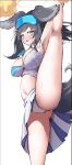  1girl absurdres animal_ears armpits arms_up ass_visible_through_thighs black_hair blue_archive blush breasts bright_pupils commentary_request cowboy_shot curvy dog_ears dog_tail eyewear_on_head grey_eyes hair_between_eyes halo hibiki_(blue_archive) hibiki_(cheer_squad)_(blue_archive) highres large_breasts leg_up long_hair looking_at_viewer millennium_cheerleader_outfit_(blue_archive) miniskirt morishin546 navel nose_blush open_mouth panties pleated_skirt pom_pom_(clothes) safety_glasses simple_background skirt solo split sports_bra standing standing_on_one_leg stomach sweat tail thighs underwear white_background white_panties white_pupils white_skirt yellow_halo 