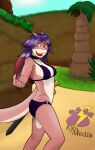  abigail_(stardew_valley) anthro beach bikini breasts choker clothing dragon dragon_wings female hair head_horn hi_res horn jewelry kynmedia looking_at_viewer melee_weapon necklace outside purple_hair seaside short_story side_boob side_view solo spiky_hair stardew_valley swimwear sword two_piece_swimsuit weapon 