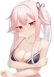  1girl bikini black_bra black_ribbon blush bra breasts cleavage collarbone commentary_request gradient_hair hair_ribbon harusame_(kancolle) highres kantai_collection large_breasts long_hair looking_at_viewer multicolored_hair parted_lips pink_hair red_eyes ribbon sakieko side_ponytail simple_background solo speech_bubble swimsuit underwear upper_body white_background 