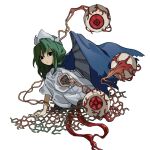  1girl black_eyes blood_vessels blue_cape body_horror cape closed_mouth commentary_request empty_eyes eyeball green_hair kaigen_1025 medium_hair mima_(touhou) shirt short_sleeves simple_background solo touhou touhou_(pc-98) white_background white_headwear white_shirt 