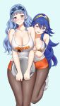 2girls alternate_costume bare_shoulders black_eyes blue_eyes blue_hair blue_hairband blush breasts brown_pantyhose cleavage closed_mouth commentary commission employee_uniform english_commentary fire_emblem fire_emblem:_three_houses fire_emblem_awakening fire_emblem_warriors:_three_hopes hair_between_eyes hairband highres holding holding_tray hooters igni_tion lace-trimmed_hairband lace_trim large_breasts long_hair looking_at_viewer lucina_(fire_emblem) marianne_von_edmund medium_breasts multiple_girls official_alternate_hairstyle one_eye_closed open_mouth orange_shorts pantyhose shirt short_shorts shorts sidelocks simple_background sleeveless sleeveless_shirt smile tiara tray uniform wavy_hair white_shirt 