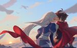  2girls absurdres ahoge bird cape closed_eyes grey_hair highres imminent_kiss insane84699530 leaning_on_person long_hair multiple_girls red_cape red_hair ruby_rose rwby short_hair sun sunrise weiss_schnee yuri 