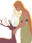  1girl antlers bare_shoulders blonde_hair breasts cowboy_shot deer dress eorinamo green_eyes hair_behind_ear highres long_hair looking_at_another medium_breasts parted_bangs pointy_ears princess_zelda profile smile solo strapless strapless_dress the_legend_of_zelda the_legend_of_zelda:_breath_of_the_wild white_background white_dress 