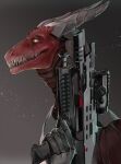  2020 akrolayn anthro armor brown_background brown_neck brown_sclera bust_portrait cybernetics digital_media_(artwork) digital_painting_(artwork) grey_horn gun hi_res holding_gun holding_object holding_weapon horn machine male portrait ranged_weapon red_body red_scales reptile rotface_(ionic-axiom) scales scalie sharp_teeth side_view simple_background solo teeth weapon yellow_eyes 