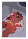  absurd_res after_sex anthro balls bed biped black_body black_fur blaziken bodily_fluids censor_bar cum cum_in_ass cum_inside duo eyes_closed fur furniture generation_3_pokemon generation_7_pokemon genital_fluids genitals green_eyes half-erect hi_res incineroar keyshop_miss male nintendo on_bed penis pokemon pokemon_(species) red_body red_fur sleeping sleeping_together yellow_sclera 