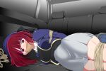  1girl arima_kana bdsm beret bondage bound breasts car gag gagged gpen_(user_cmmh2555) hat improvised_gag lying motor_vehicle oshi_no_ko red_eyes red_hair restrained rope short_hair solo tape tape_gag tears tied_up_(nonsexual) 
