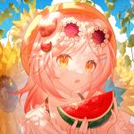  1girl animal_ears arknights blue_sky braid brown_headwear cat_ears cloud cloudy_sky commentary_request day eyewear_on_head flower food fruit goldenglow_(arknights) goldenglow_(summer_flowers)_(arknights) hair_ornament hairclip highres holding holding_food liuyoumu long_hair looking_at_viewer outdoors parted_bangs pink_hair red-tinted_eyewear shirt sky solo sunflower sunglasses tinted_eyewear upper_body watermelon watermelon_slice white_flower white_shirt yellow_eyes yellow_flower 