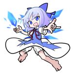  1girl :d bloomers blue_bow blue_dress blue_eyes blue_hair bow cirno detached_wings dress full_body hair_bow ice ice_wings light_blue_hair looking_at_viewer open_mouth puyopuyo shinmon_akika short_hair short_sleeves simple_background smile solo touhou underwear v-shaped_eyebrows white_background wings 
