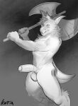  abs anthro axe balls battle_axe erection foreskin fur furred_kobold genitals hi_res horn humanoid_genitalia humanoid_penis insane kobold kotia male muscular muscular_anthro muscular_male nude pecs penis simple_background solo tail teeth triceps weapon white_body white_fur 