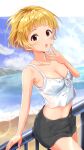  1girl :o armpits bangs black_shorts blonde_hair blunt_bangs blush breasts camisole cleavage crop_top floating_hair fukuda_noriko highres idolmaster idolmaster_million_live! leaning_on_rail looking_at_viewer medium_breasts nagmilk railing shorts solo white_camisole 