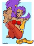  2021 5_fingers 5_toes absurd_res barefoot blue_eyes breasts brown_body brown_skin cleavage clothed clothing feet female fingers footwear genie hair hi_res humanoid humanoid_feet humanoid_pointy_ears not_furry one_eye_closed open_mouth open_smile plantigrade ponytail purple_hair shantae shantae_(series) shoes signature simple_background sitting smile soles solo szeroart toes wayforward wink 