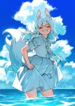  1girl ^_^ animal_ears blue_sky blush cafe92 closed_eyes cloud facing_viewer fox_ears fox_tail grey_hair grin hanbok horangi_deureowayo kitsune korean_clothes kyuubi multiple_tails outdoors seolhwa_(horangi_deureowayo) shirt short_sleeves skirt skirt_hold sky sleeves_rolled_up smile solo tail wading white_shirt white_skirt 