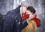  2boys arms_around_neck black_eyes black_hair blue_coat blurry blurry_background blush city closed_eyes coat collared_coat haebo ilay_riegrow jeong_taeui long_sleeves male_focus multiple_boys necktie open_mouth passion_(manhwa) red_necktie red_scarf scarf smile snowing upper_body watch white_hair wristwatch yaoi yellow_coat 