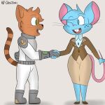  2023 anthro biped blue_body blue_eyes blue_fur blue_hair bottomwear buckteeth clothed clothed_anthro clothed_female clothing colored digital_drawing_(artwork) digital_media_(artwork) domestic_cat duo felid feline felis female female_anthro freckles fur green_eyes hair hi_res hiroberserk male mammal markings mia_mouse mouse murid murine orange_body orange_fur ring_(marking) ringtail rodent tail tail_markings teeth topwear whiskers 