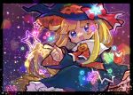  1girl black_border blonde_hair blue_eyes blue_headwear blue_robe border bow broom broom_riding capelet doradorakingyo hair_bow halloween hat index_finger_raised jack-o&#039;-lantern_ornament light_particles looking_at_viewer open_mouth pumpkin_hat_ornament purple_background puyopuyo red_ribbon ribbon robe sidesaddle solo star_(symbol) white_capelet witch witch_(puyopuyo) witch_hat 