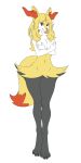  2019 4_toes after_transformation alternate_species anthro arm_tuft big_breasts black_body black_fur blonde_hair braided_hair braixen breasts cheek_tuft claws clothing covering covering_breasts crossed_arms digital_drawing_(artwork) digital_media_(artwork) dress ear_tuft embarrassed eyebrows facial_tuft feet female fur generation_6_pokemon genitals grin hair hi_res implied_transformation leg_tuft long_hair multicolored_body navel nickfaire nintendo nude orange_body orange_eyes orange_fur pokemon pokemon_(species) pokemorph pussy serena_(pokemon) shy simple_background smile snout solo standing tail thick_thighs toe_claws toes transformation tuft two_tone_body unknown_artist white_background white_body white_fur yellow_body yellow_fur 