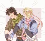  2boys battle_tendency blonde_hair blue_jacket bomber_jacket brown_hair caesar_anthonio_zeppeli facial_mark feather_hair_ornament feathers fingerless_gloves gloves green_scarf hair_ornament highres jacket jojo_no_kimyou_na_bouken joseph_joestar joseph_joestar_(young) layered_sleeves long_sleeves meme midriff_peek motion_lines multiple_boys pink_scarf scarf short_over_long_sleeves short_sleeves striped striped_scarf triangle_print will_smith_slapping_chris_rock_(meme) zhoujo51 