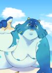  2023 absurd_res ambiguous_gender anthro beach belly blubberbeast blue_body blush breasts detailed_background genshin_impact hi_res khuanzg looking_at_viewer mihoyo nude overweight owo seaside sky smile smiling_at_viewer 