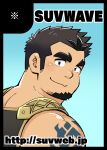  1boy bara bare_shoulders blush crave_saga facial_hair fang from_behind goatee long_sideburns looking_at_viewer looking_back male_focus muscular muscular_male promotional_art protagonist_(crave_saga) short_hair sideburns skin_fang smile solo suv_(suv032) thick_eyebrows turning_head upper_body 