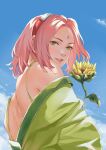  1girl bare_shoulders blue_sky commentary facial_mark flower forehead_protector from_below green_eyes hairband haruno_sakura highres holding holding_flower looking_at_viewer looking_back meoowwxx naruto_(series) outdoors pink_hair sky smile solo sunflower symbol-only_commentary teeth yellow_flower 