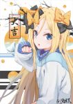  1girl abigail_williams_(fate) absurdres alternate_costume baggy_clothes baw_hei black_bow blonde_hair blue_eyes bow commentary_request fate/grand_order fate_(series) forehead hair_between_eyes hair_bow highres long_hair looking_at_viewer open_mouth orange_bow parted_bangs sleeves_past_wrists solo sweater twitter_username very_long_hair white_sweater 
