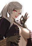  1girl absurdres black_robe braid breasts brown_gloves brown_sleeves cleavage dark_persona fellatio_gesture fire_emblem fire_emblem_awakening french_braid from_side gloves glowing glowing_eyes grima_(fire_emblem) highres hood hood_down hooded_robe large_breasts long_hair looking_at_viewer open_clothes open_mouth open_robe parted_bangs rasupekuto red_eyes robe robin_(female)_(fire_emblem) robin_(fire_emblem) sidelocks simple_background solo teeth tongue tongue_out twintails unbuttoned upper_body upper_teeth_only white_background white_hair 