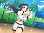  1girl :d ayame_(senran_kagura) baseball baseball_bat baseball_cap baseball_jersey baseball_stadium baseball_uniform belt belt_buckle bench black_belt black_hair blue_sky blush breasts buckle chain-link_fence cleavage cloud crop_top crop_top_overhang day fence field flying_sweatdrops grass hat holding holding_baseball_bat large_breasts lens_flare light_particles linea_alba long_hair metal_baseball_bat midriff navel official_alternate_costume official_art open_mouth outdoors over_shoulder plant playing_sports red_eyes school_emblem senran_kagura senran_kagura_new_link senran_kagura_new_wave shiny_skin short_shorts short_sleeves shorts sky smile solo sparkle sportswear standing stomach sweat swinging tree white_shorts yaegashi_nan 