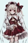  1girl absurdres amagi_xx ascot blonde_hair expressionless flandre_scarlet frills hat hat_ribbon highres long_sleeves looking_at_viewer mob_cap puffy_sleeves red_eyes red_skirt revision ribbon shirt skirt skirt_set solo thighhighs touhou vest white_thighhighs wings 