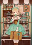  1girl beret binoculars blonde_hair boots brown_eyes bubble_skirt cafe cake camera capelet cherry covering_mouth cross-laced_footwear cupcake display_case doughnut dress eating feet_out_of_frame food fruit hair_ribbon hat highres holding holding_food holding_ice_cream holding_suitcase ice_cream ice_cream_cone jar lace-up_boots lanyard long_sleeves macaron mint_chocolate original pantyhose picture_frame polka_dot polka_dot_dress ribbon short_hair sign skirt sleeve_cuffs solo striped_wall suitcase tiered_tray whipped_cream yunoto_(conceit) 