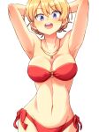  1girl absurdres aono3 armpits arms_behind_head arms_up bare_shoulders bikini blonde_hair blue_eyes braid darjeeling_(girls_und_panzer) girls_und_panzer groin highres jewelry looking_at_viewer navel necklace o-ring o-ring_bikini open_mouth short_hair side-tie_bikini_bottom simple_background smile solo standing strapless strapless_bikini swimsuit twin_braids white_background 