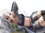  1girl arknights bandeau breasts commentary_request g11_and_bang grey_jacket grey_shorts highres jacket long_hair long_sleeves looking_at_viewer lying medium_breasts midriff navel official_alternate_costume open_clothes open_fly open_jacket parted_lips red_eyes short_shorts shorts skadi_(arknights) skadi_(the_next_afternoon_tea)_(arknights) solo stomach thighs very_long_hair white_background white_hair 