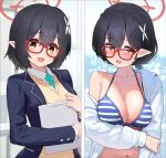  1girl aqua_necktie ayane_(blue_archive) ayane_(swimsuit)_(blue_archive) bikini black_hair black_jacket blazer blue_archive blue_bikini blush braid breasts cardigan cleavage collarbone collared_shirt commentary_request crown_braid glasses hair_between_eyes halo holding holding_tablet_pc jacket large_breasts long_sleeves looking_at_viewer multiple_views navel necktie official_alternate_costume open_mouth pointy_ears red-framed_eyewear school_uniform shirt short_hair single_bare_shoulder smile striped striped_bikini swimsuit tablet_pc tareme upper_body ushimittsu white_shirt yellow_cardigan yellow_eyes 