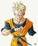  1boy blonde_hair blue_shirt character_request dragon_ball facing_viewer green_eyes highres jumpsuit kakeru_(dbskakeru) looking_at_viewer male_focus missing_eye missing_limb orange_jumpsuit scar scar_across_eye shirt short_hair simple_background solo spiked_hair toriyama_akira_(style) upper_body white_background wristband 