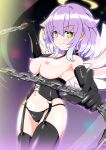  1girl absurdres angel angel_wings bare_shoulders black_gloves black_panties black_thighhighs blush breasts chain chain_whip closed_mouth dominatrix elbow_gloves feathered_wings gloves gradient_hair green_eyes hair_between_eyes halo highres looking_at_viewer luca_(shironeko_project) medium_breasts multicolored_hair neko_totora nipples panties purple_hair shironeko_project short_hair smile solo star-shaped_pupils star_(symbol) symbol-shaped_pupils thighhighs underwear whip wings 