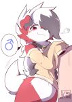  2022 anthro blush bottomless clothed clothing collar featureless_crotch gender_symbol generation_7_pokemon hi_res kinozel long_sleeves lycanroc male male_symbol midnight_lycanroc nintendo pokemon pokemon_(species) shirt shirt_only simple_background solo symbol topwear topwear_only white_background 