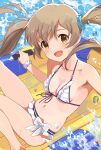  1girl bikini blush breasts brown_hair cleavage collarbone frilled_bikini frills front-tie_bikini_top front-tie_top hair_ornament hair_scrunchie hakozaki_serika highres idolmaster idolmaster_million_live! inflatable_boat long_hair medium_breasts navel scrunchie smile solo swimsuit tetsujin_momoko twintails water white_bikini wrist_scrunchie yellow_eyes 