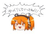  1girl a.i._voice adachi_rei blush commentary_request hair_ornament hair_ribbon hairclip head_only headlamp headphones looking_at_viewer medaka_h2 one_side_up open_mouth orange_eyes orange_hair parody radio_antenna ribbon simple_background smile solo translation_request utau v-shaped_eyebrows white_background white_ribbon yukkuri_shiteitte_ne 