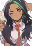  1girl artist_name black_hair close-up dark-skinned_female dark_skin dress_shirt freckles green_hair hair_brush hair_down hand_on_own_head highres holding holding_hair_brush kawasaki_(kwsk_8765) long_hair multicolored_hair naranja_academy_school_uniform necktie nemona_(pokemon) one_eye_closed orange_eyes orange_necktie pokemon pokemon_sv pout school_uniform shirt solo streaked_hair white_background white_shirt 